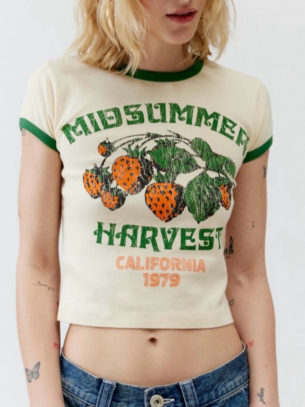 NWT Urban Outfitters Midsummer Harvest Ringer Baby Tee size XS cream and green - Picture 5 of 7